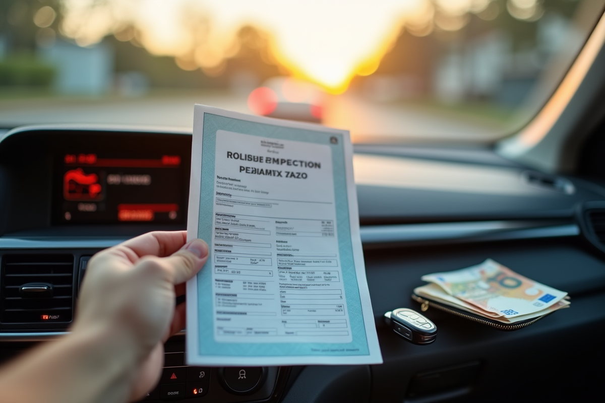 Main tenant un certificat de contrôle technique avec clés et argent