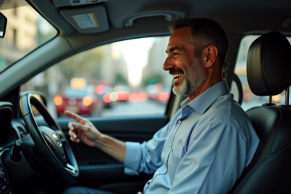 Conducteur de taxi souriant dans son véhicule propre