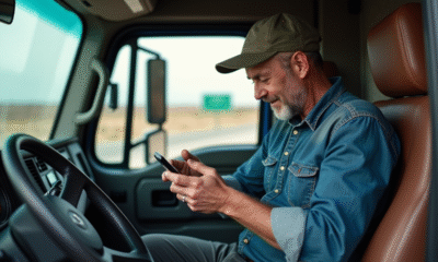 Conducteur de camion homme lisant son smartphone dans la cabine