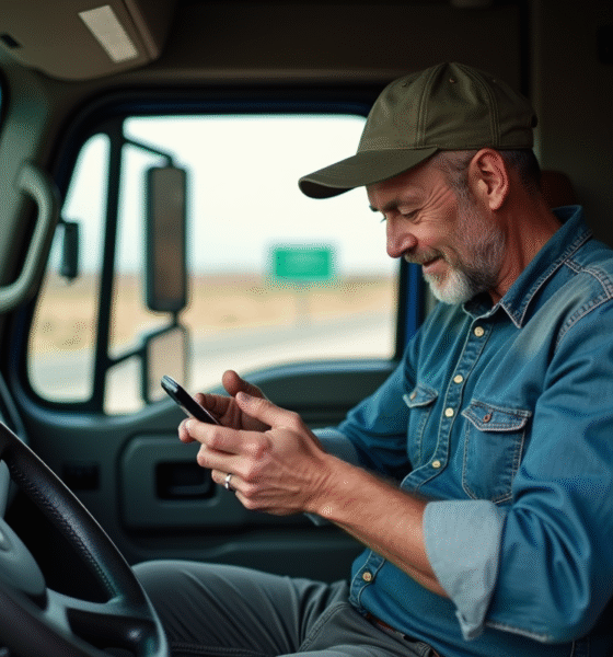 Conducteur de camion homme lisant son smartphone dans la cabine