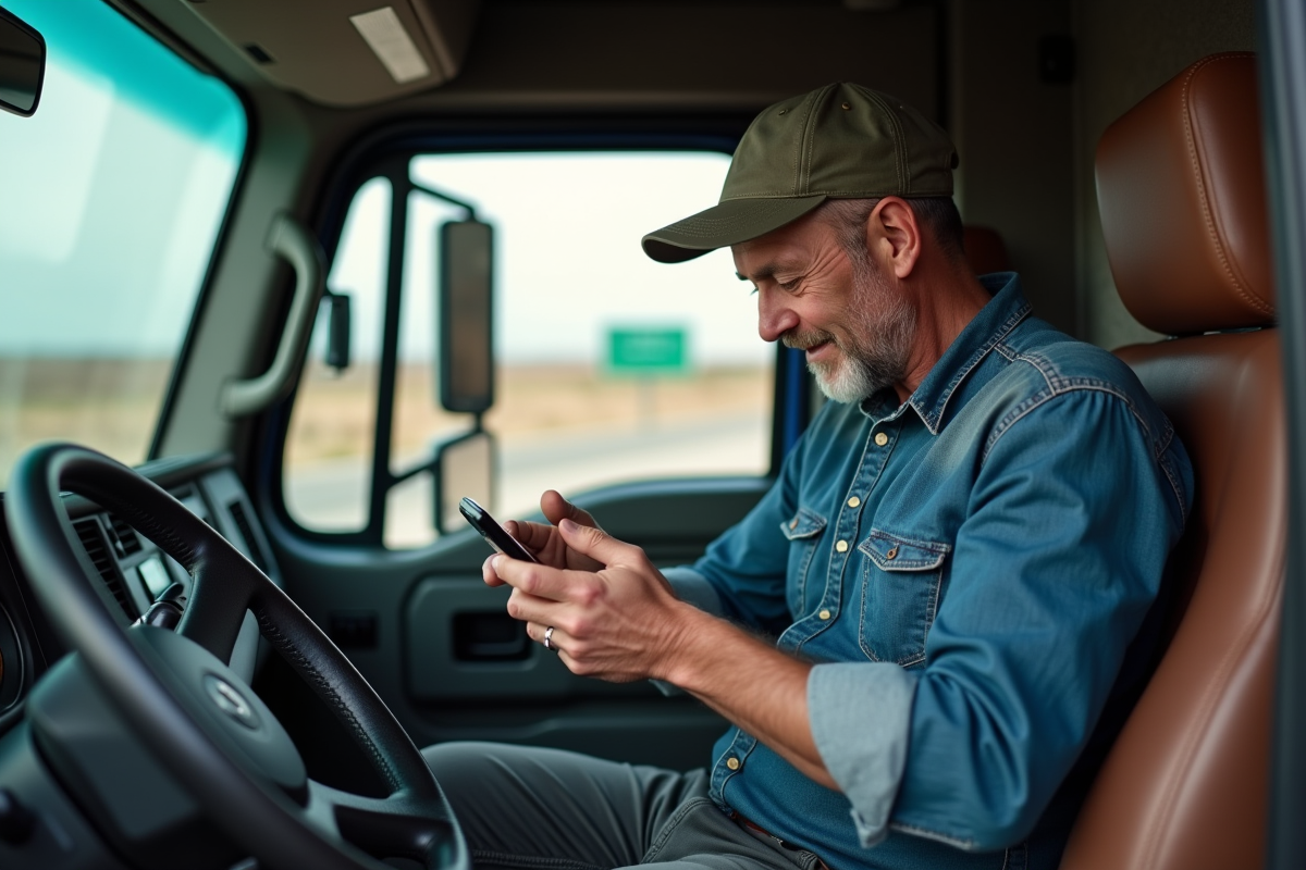 Conducteur de camion homme lisant son smartphone dans la cabine