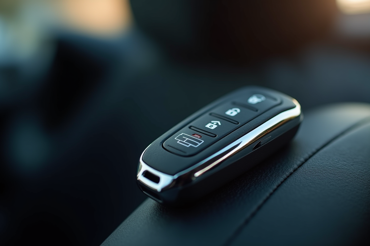 Zoom sur une clé de voiture avec écran numérique sur le siège conducteur