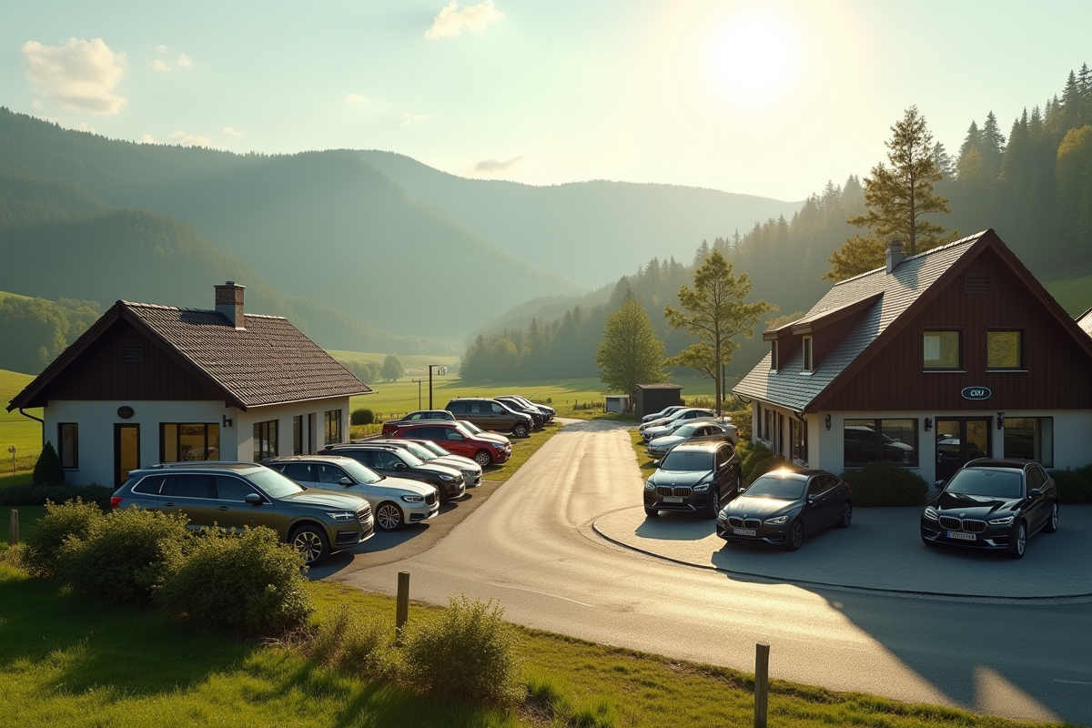 Concessionnaire rural en Bavière avec collines vertes