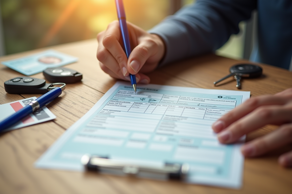 Main remplissant le coupon détachable de la carte grise voiture