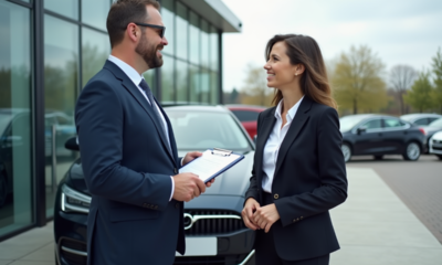 Expert automobile en costume avec une berline 2025