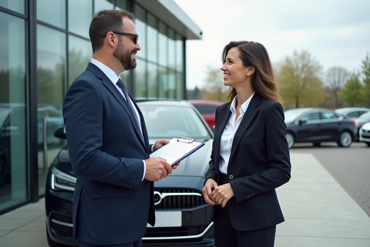 Expert automobile en costume avec une berline 2025