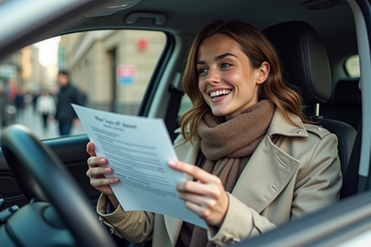 Jeune femme souriante tenant ses papiers d