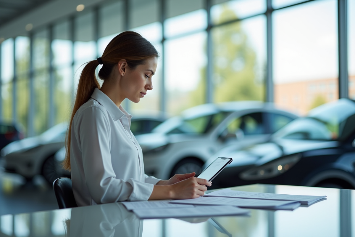 Femme compare les prix des batteries dans un showroom moderne