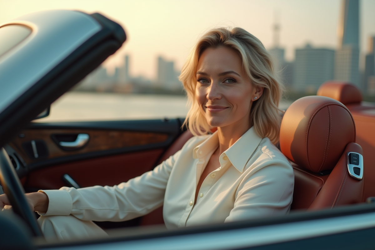 Femme confiante dans une voiture décapotable en ville