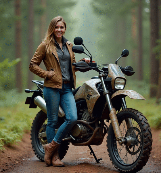 Jeune femme souriante avec moto tout-terrain en forêt