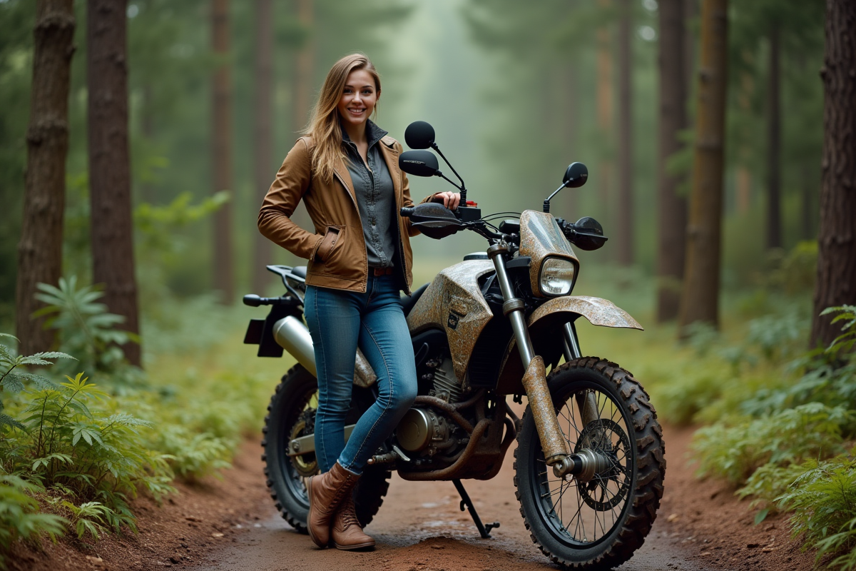 Jeune femme souriante avec moto tout-terrain en forêt