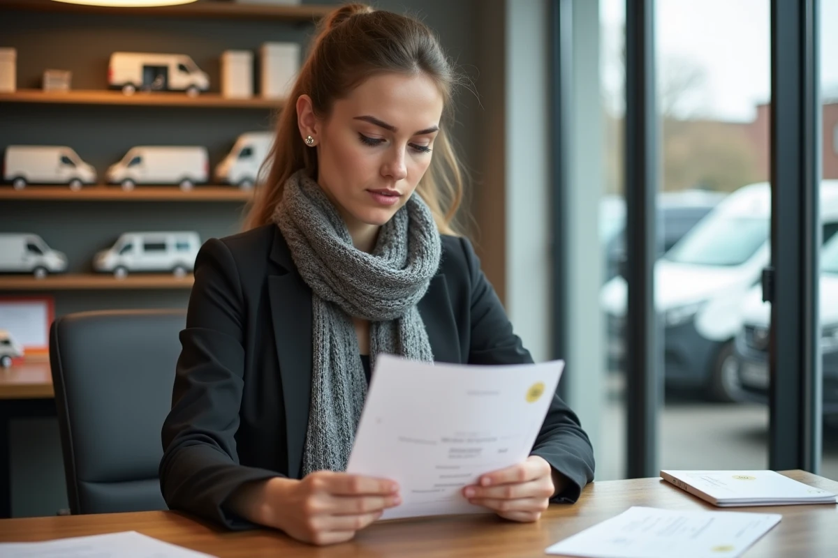 Femme consulte tarif de location dans un bureau moderne