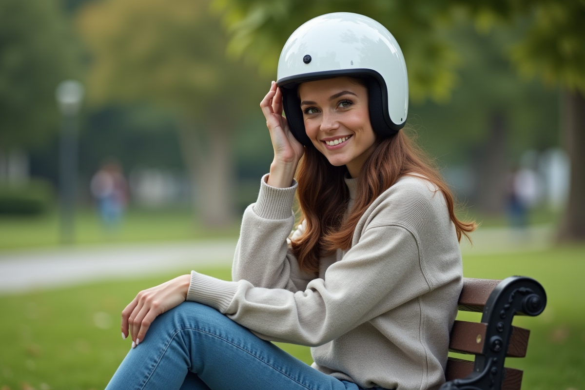 Femme assise sur un banc vérifiant son casque moto