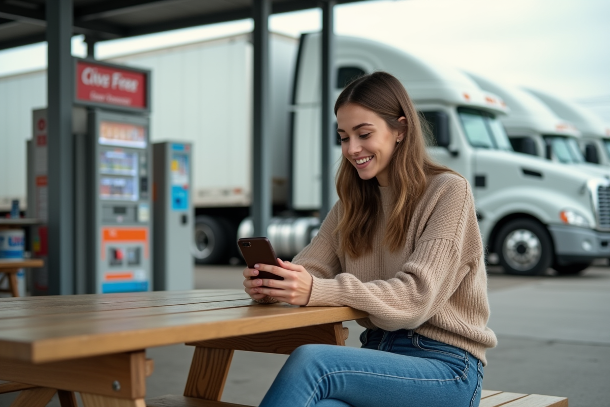 Jeune femme souriante au repos avec camions en arrière-plan