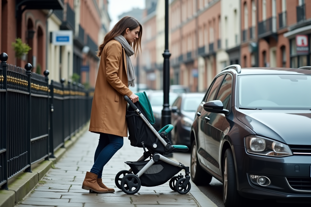 Jeune femme pousse une poussette près d
