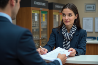 Femme française remettant des documents à un agent