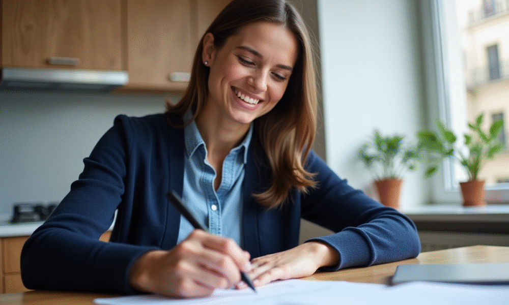 Femme souriante remplissant un formulaire dans une cuisine moderne