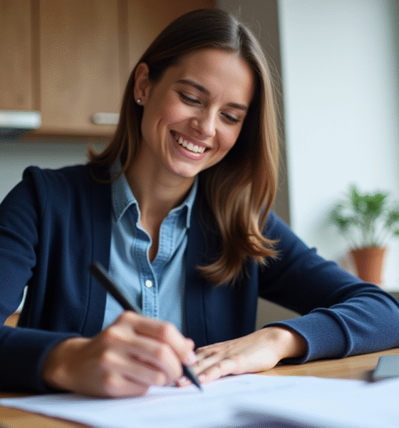 Femme souriante remplissant un formulaire dans une cuisine moderne