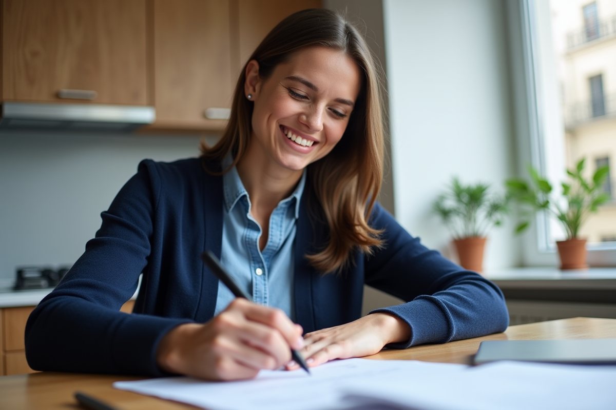 Femme souriante remplissant un formulaire dans une cuisine moderne