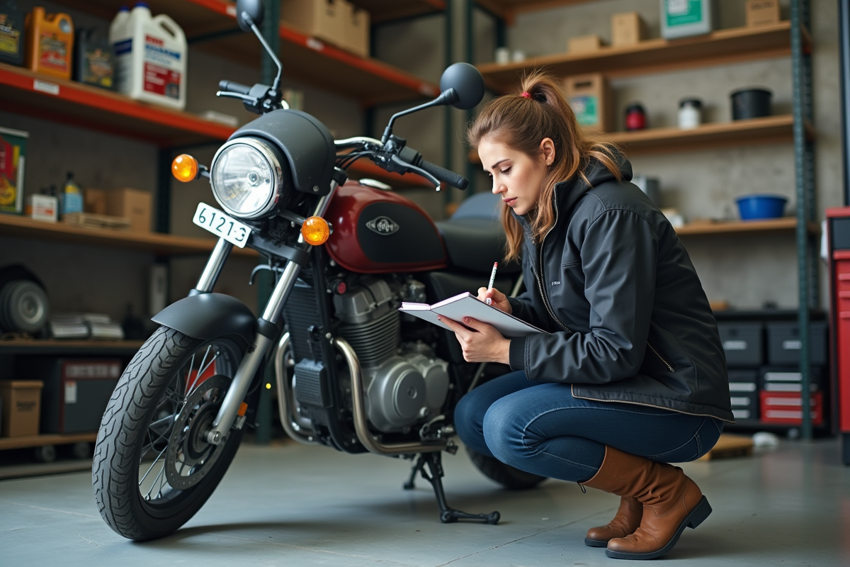Femme vérifiant sa moto dans un garage organisé