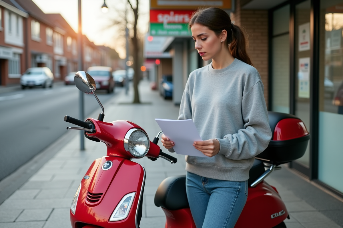 Femme vérifiant documents à côté de son scooter rouge