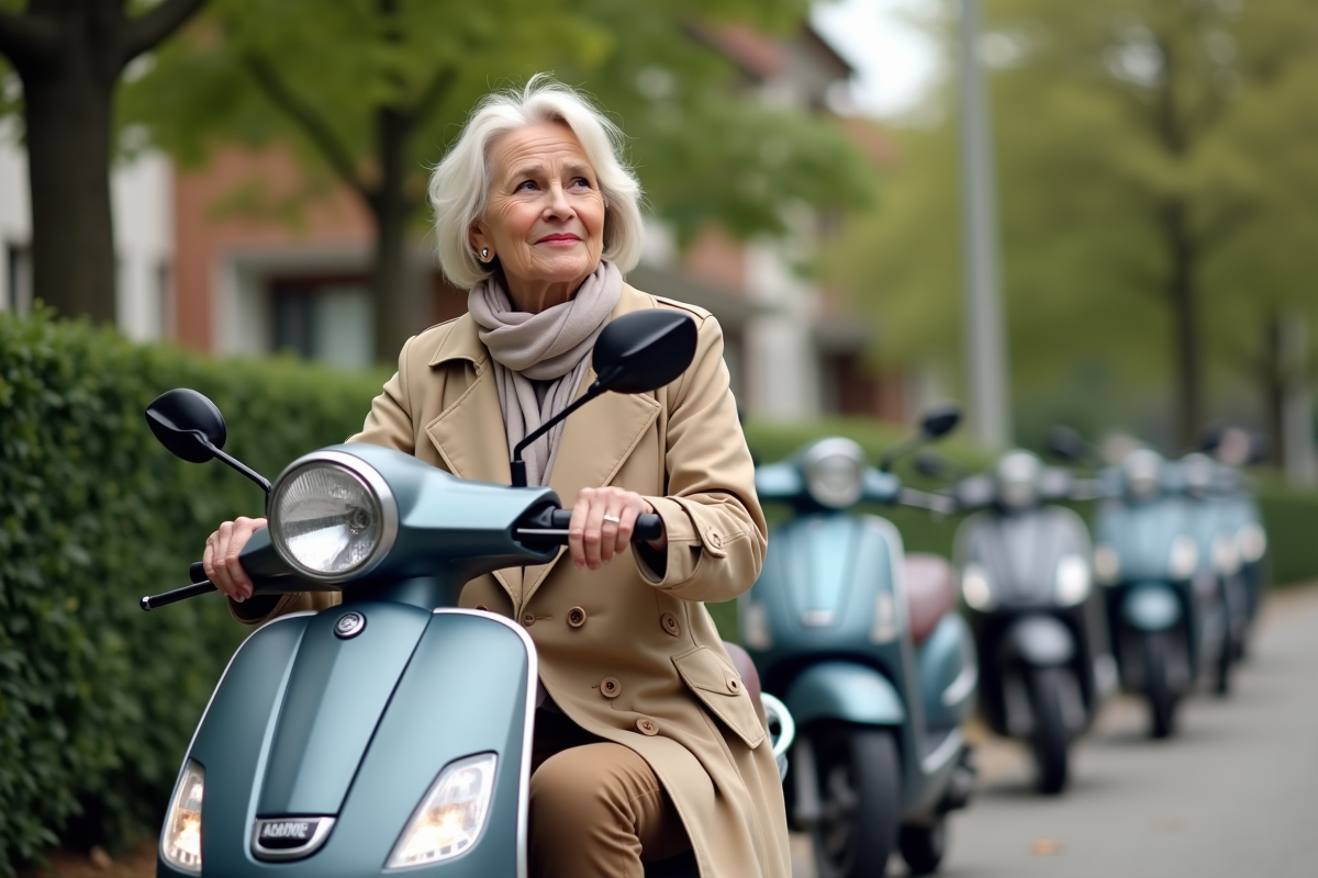Femme en trench sur un scooter dans un quartier résidentiel