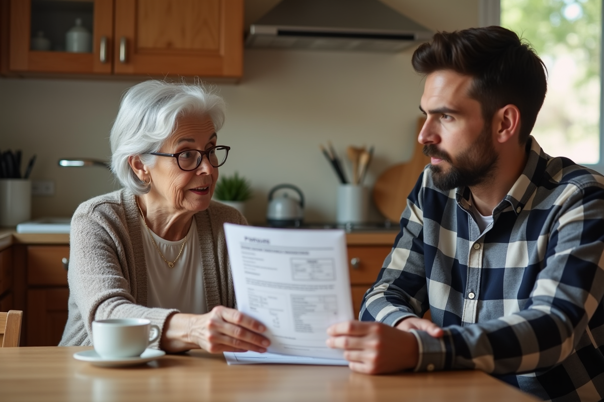 Femme senior examinant une facture avec son fils dans la cuisine