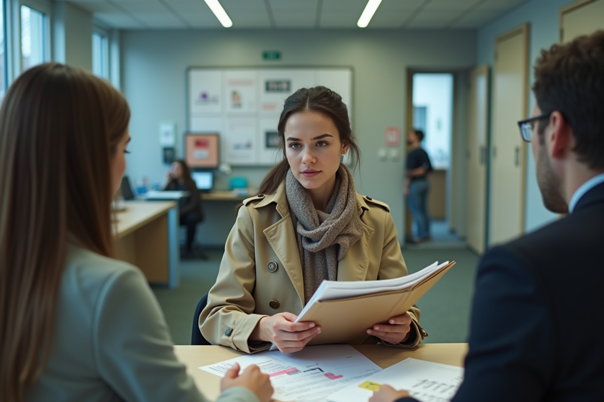 Jeune femme remet des documents dans un bureau administratif