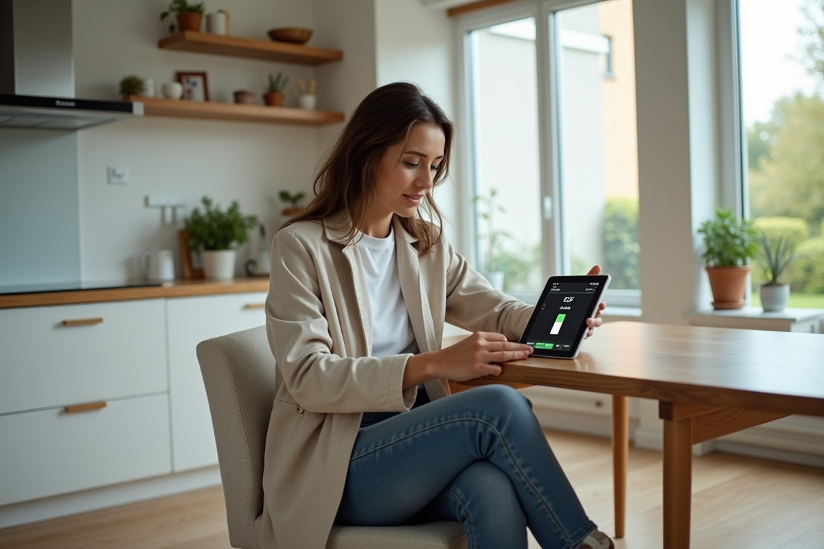 Jeune femme utilisant une tablette dans la cuisine