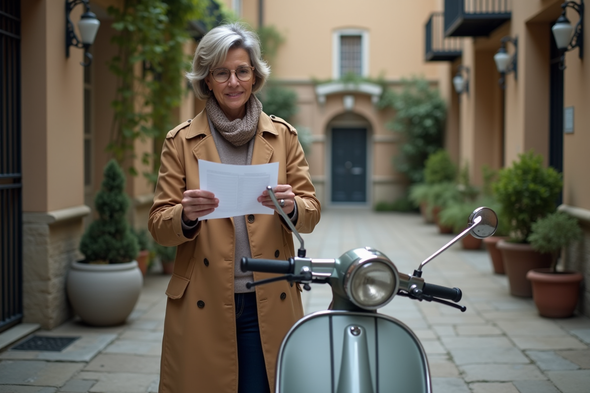 Femme vérifiant un scooter dans une cour résidentielle