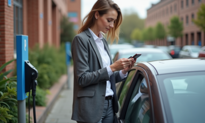 Femme d'âge moyen vérifiant son téléphone près d'une voiture électrique en charge