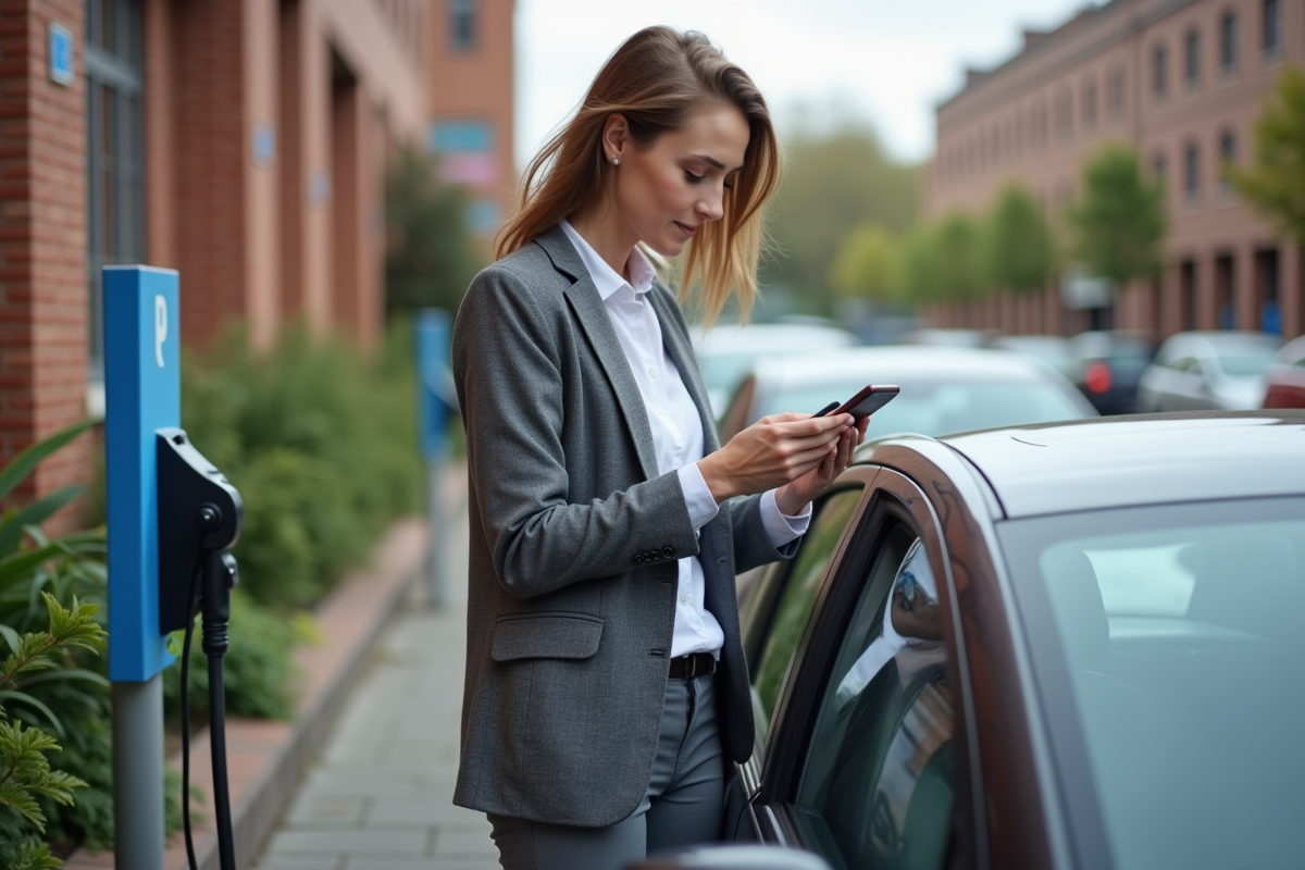 Femme d'âge moyen vérifiant son téléphone près d'une voiture électrique en charge