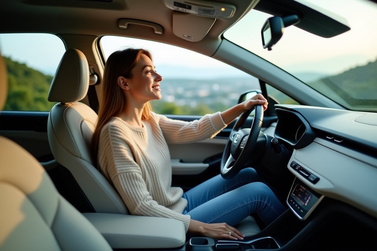 Jeune femme dans voiture hybride regarde par la fenetre
