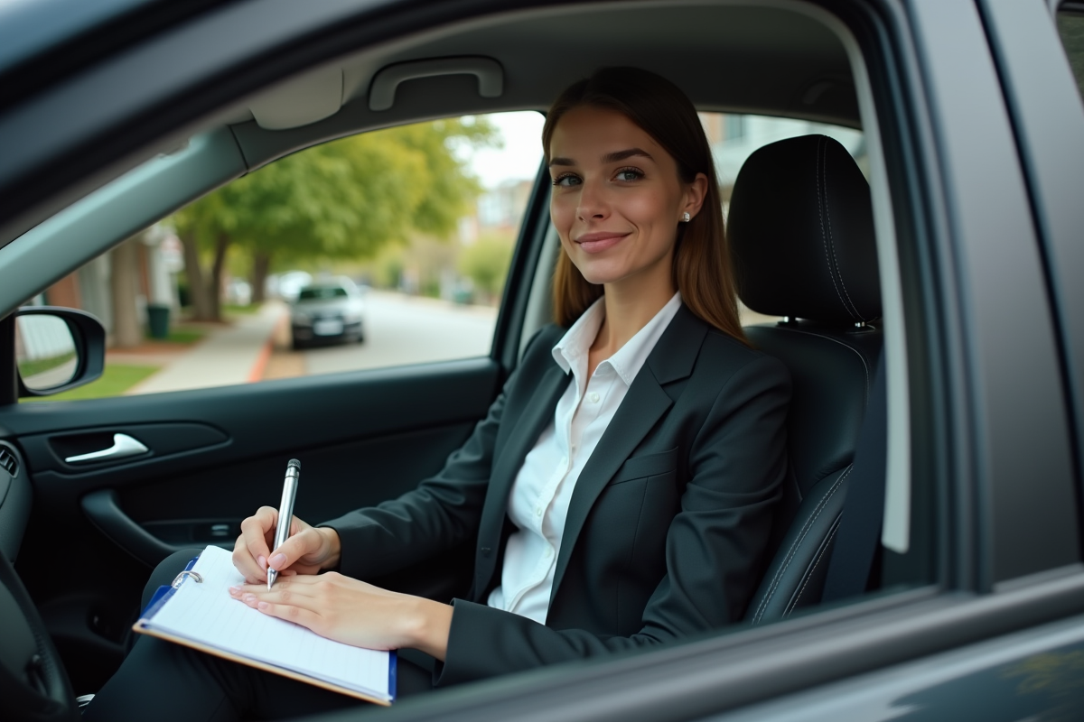 Jeune femme dans sa voiture en banlieue prenant des notes