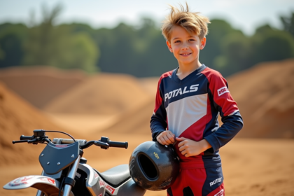 Garçon de 10 ans en motocross souriant fièrement