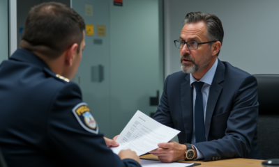 Homme d'affaires parlant avec un policier dans un commissariat