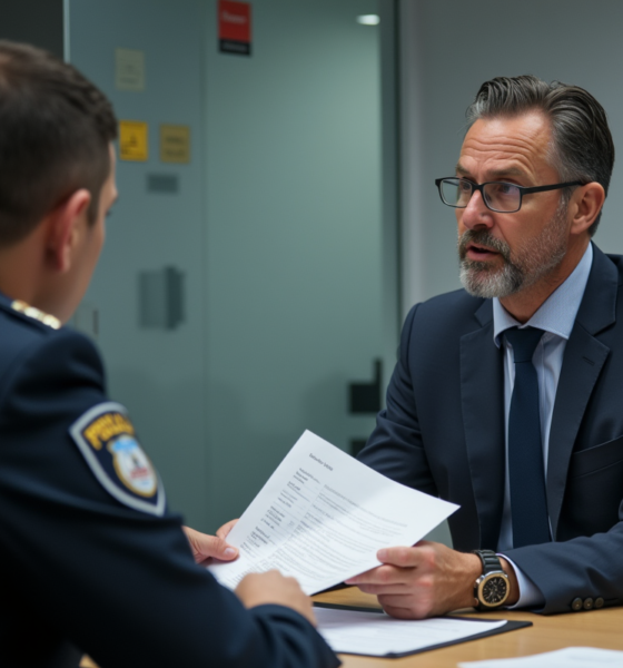 Homme d'affaires parlant avec un policier dans un commissariat