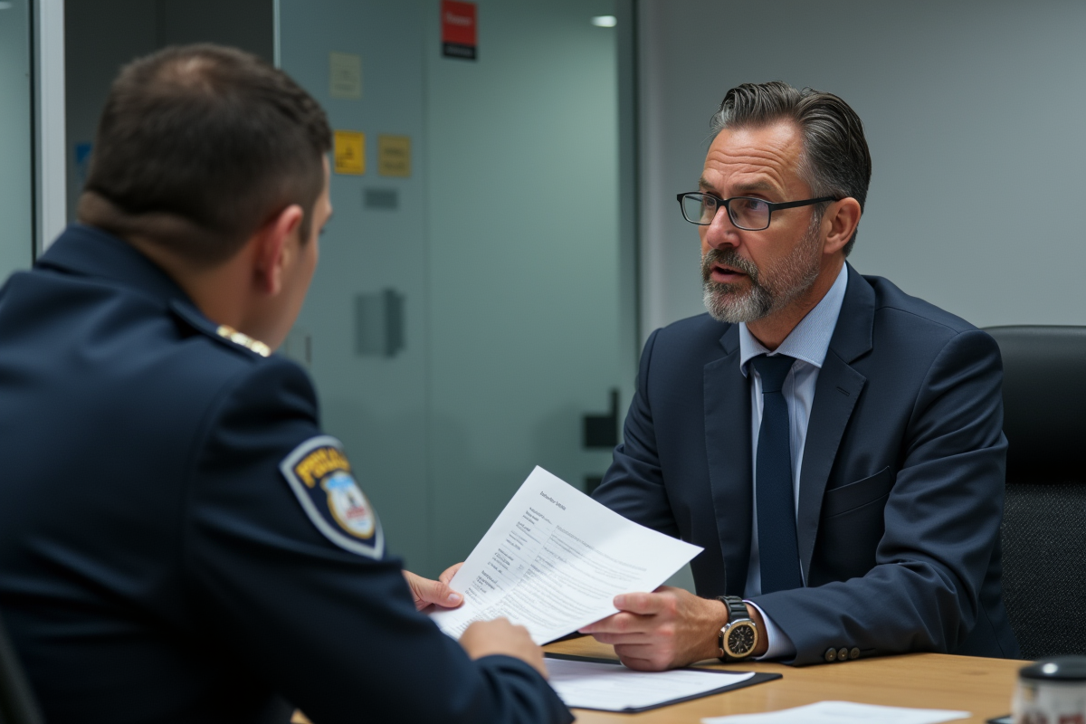 Homme d'affaires parlant avec un policier dans un commissariat