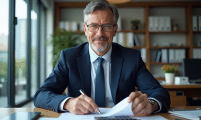 Homme d'affaires en costume bleu dans un bureau organisé