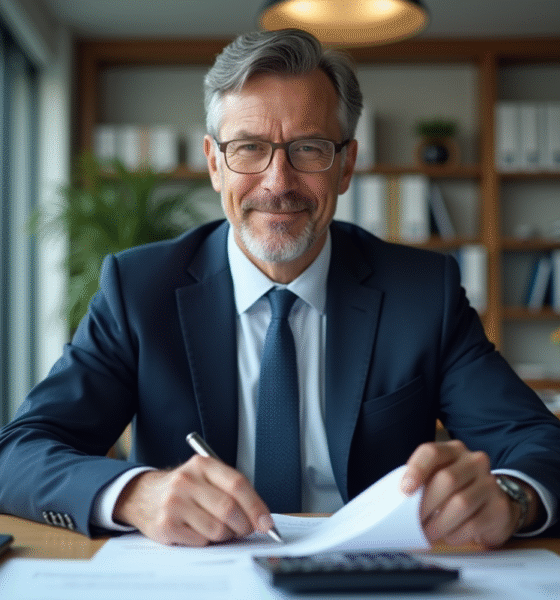 Homme d'affaires en costume bleu dans un bureau organisé