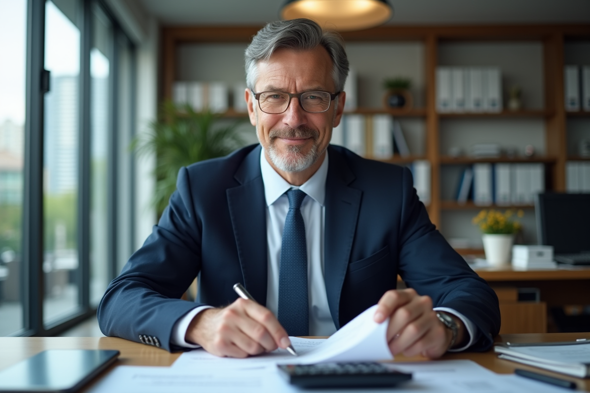Homme d'affaires en costume bleu dans un bureau organisé