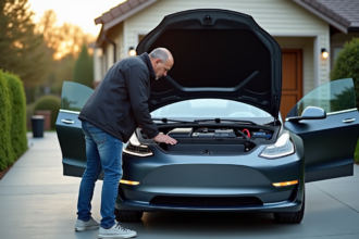 Homme examine la batterie d'une voiture électrique en extérieur