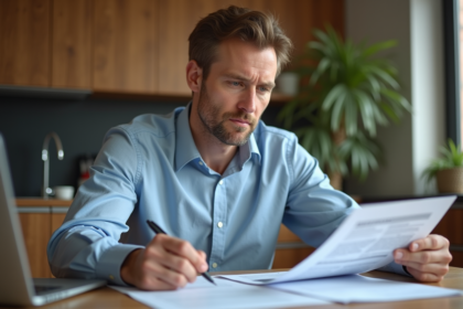 Homme d'âge moyen en costume examine des documents d'assurance auto