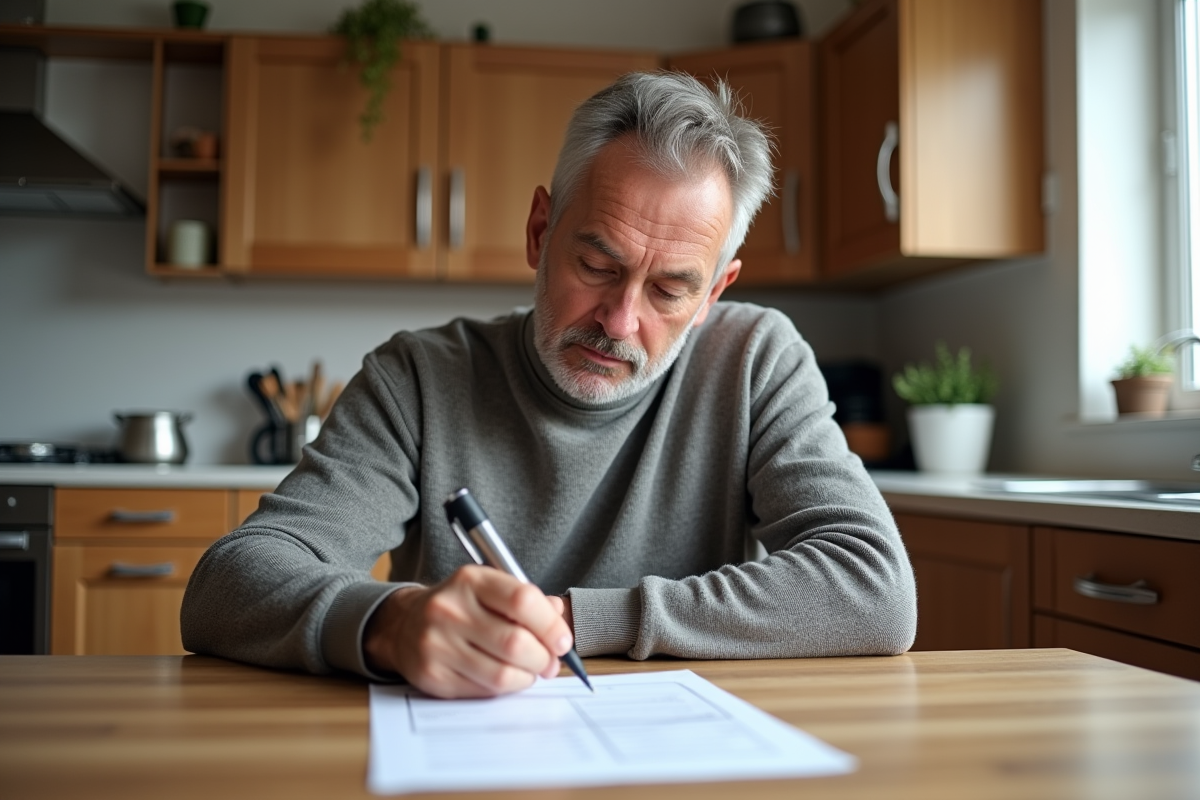 Homme dessinant une carte grise dans une cuisine lumineuse