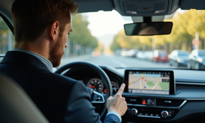Homme en voiture moderne utilisant le GPS avec concentration