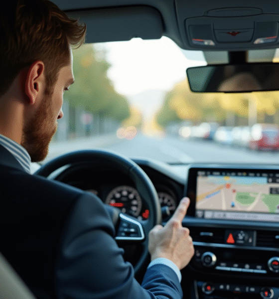 Homme en voiture moderne utilisant le GPS avec concentration