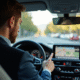 Homme en voiture moderne utilisant le GPS avec concentration