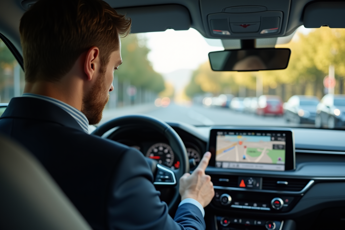 Homme en voiture moderne utilisant le GPS avec concentration