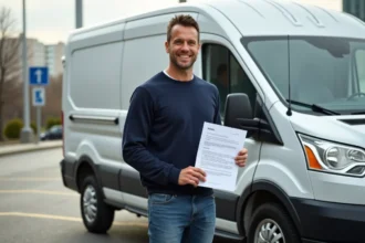 Homme avec contrat de location près d'une camionnette en ville
