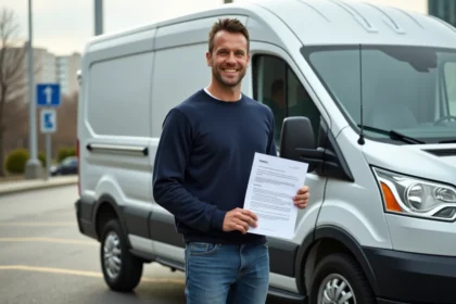 Homme avec contrat de location près d'une camionnette en ville
